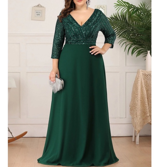 Plus sequin 3/4 sleeve Formal Prom Evening Party Wedding Dress - Picture 8 of 9